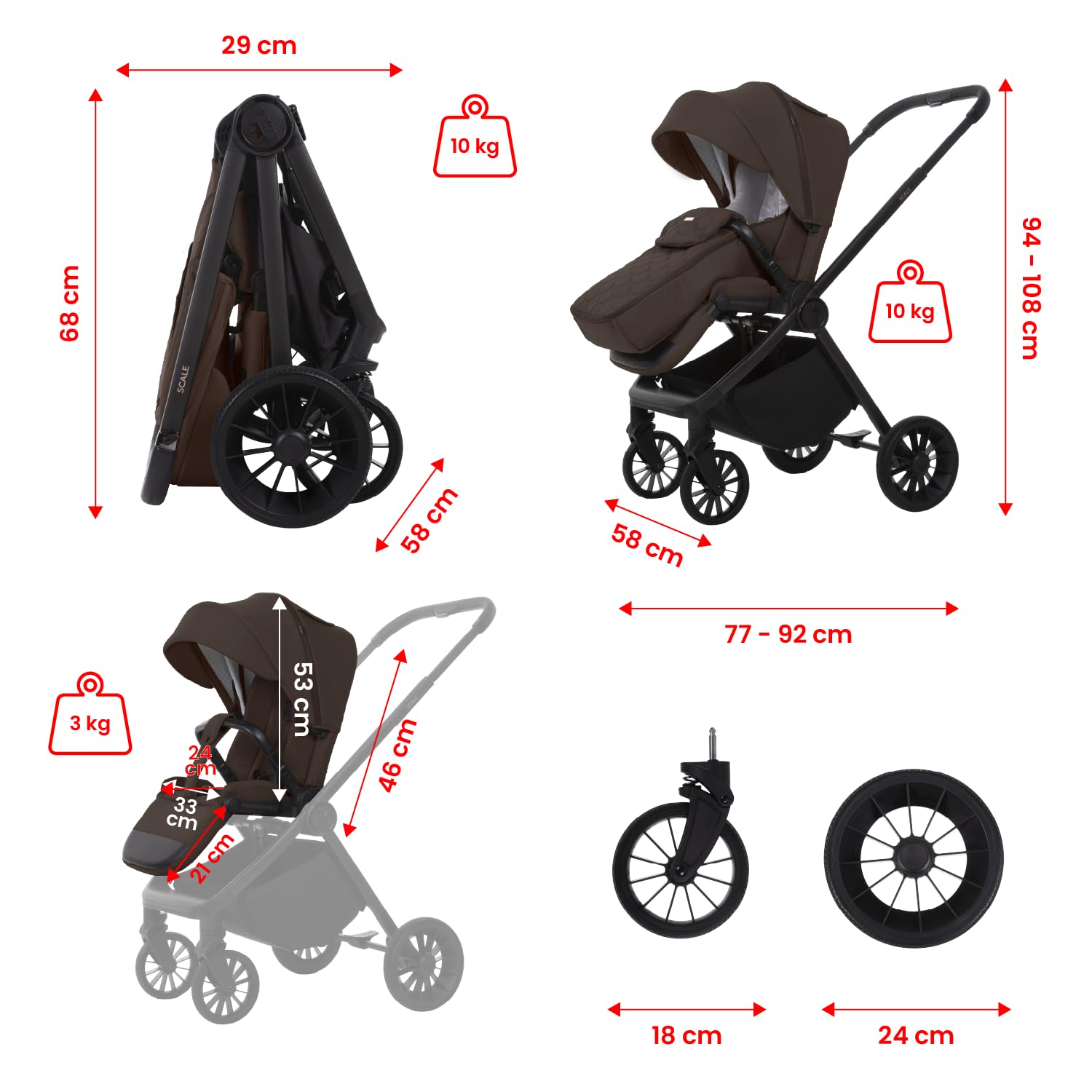 Babylux Passeggino Leggero da Viaggio SCALE, Funzione Reclinabile, Brownie | Passeggino Pieghevole, Manubrio Telescopico, Ripiegabile In Modo Compatto, Borsa Per Pannolini E Viaggio E Altri Accessori