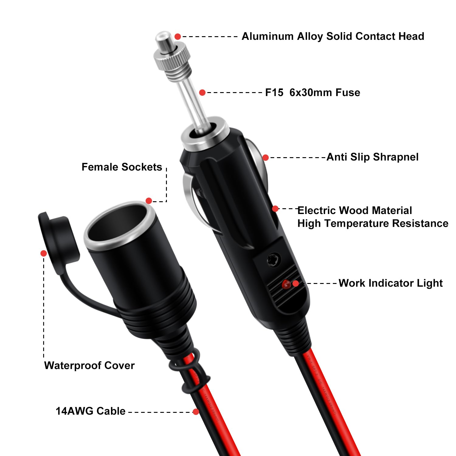 HuaLiSiJi Prolunga Cavo Accendisigari 12V 24V Prolunga Accendisigari Auto a LED 14AWG Viene Fornito con Fusibile 15A 20A, per Auto, Camion, Camper (1m