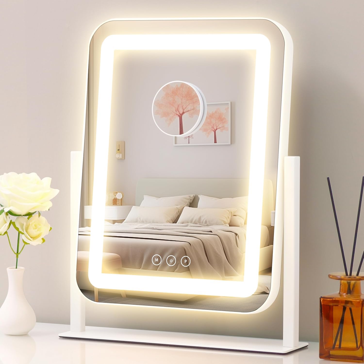 Vanity Mirror with Lights, 34 cm ×43 cm LED Makeup Mirror with Light, Smart Touch Control Dimmable 3 Modes, 360° Rotation & 10X Magnifying, Lighted Mirror for Makeup Desk, Bedroom, Dressing Room