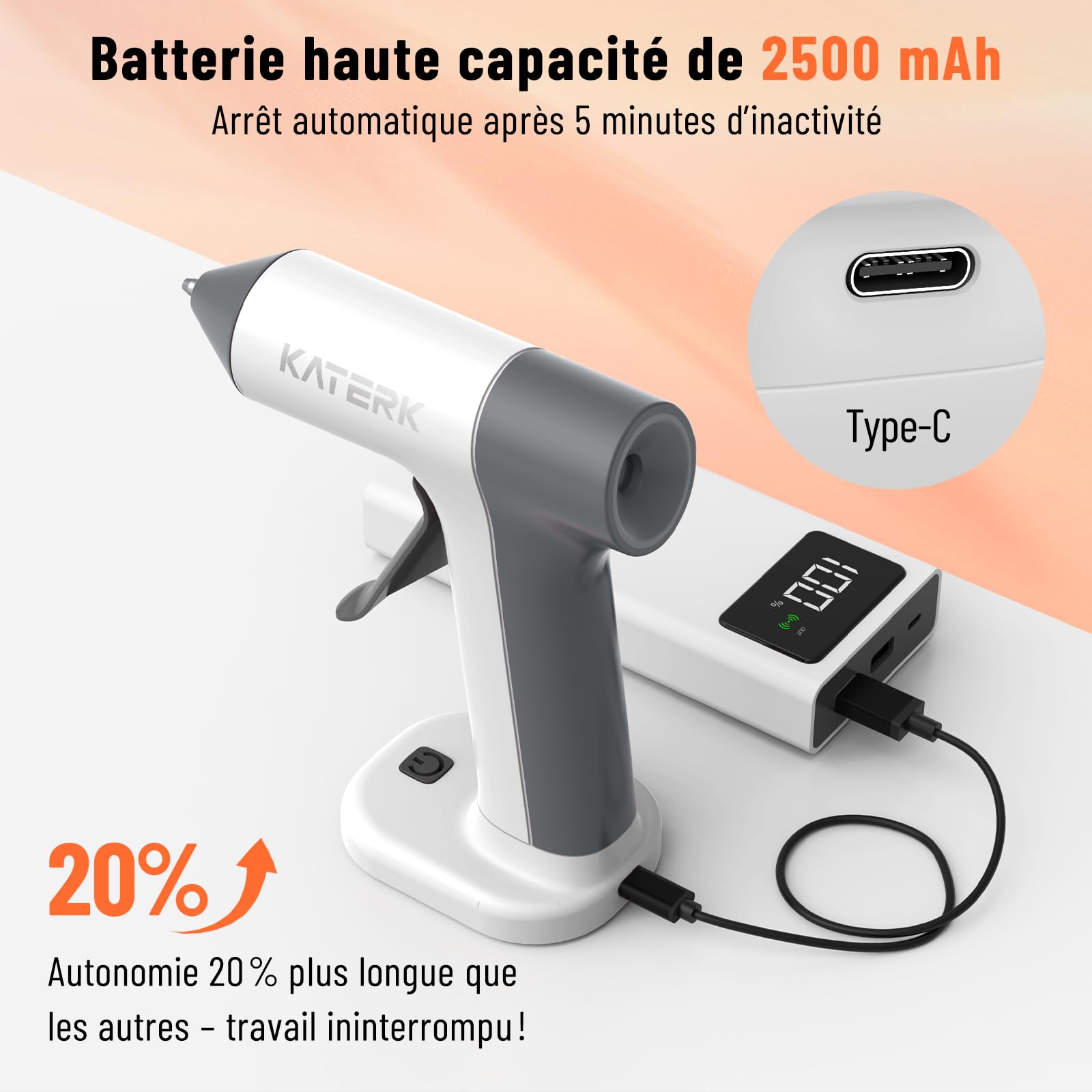 Katerk Pistolet à Colle Chaud Sans Fil, Pistolets à Colle Électriques avec Chauffage 30s, 20 Bâtons de Colle 7x100mm, 2500mAh Batterie, Arrêt Intelligent pour Bricolage, Art DIY et Réparations - Blanc