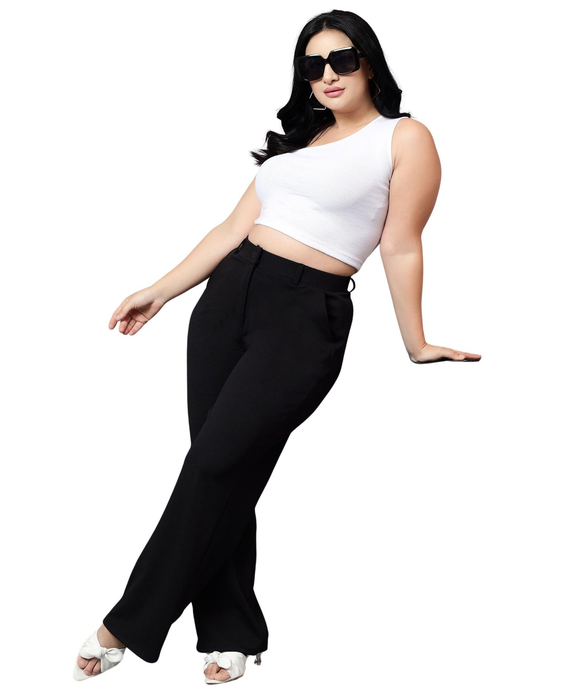 plussclub Women Formal Black Parallel Plus Size Cotton Twill Trousers-picture-54