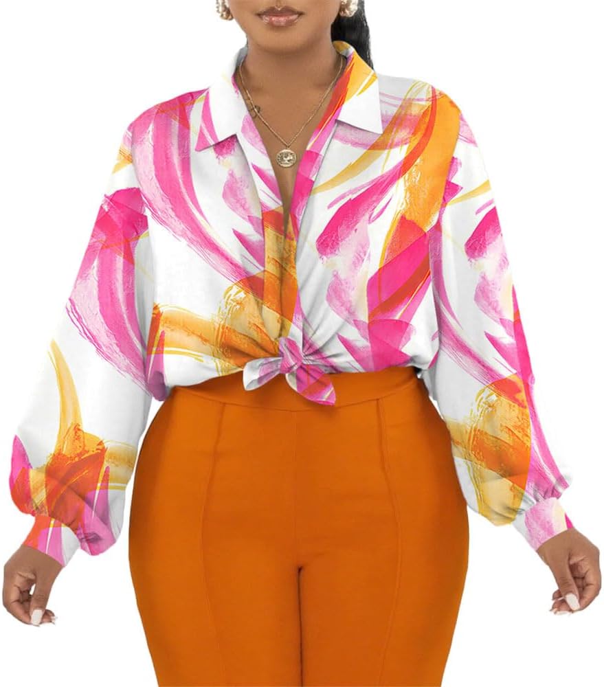 PINSV Women Printed Front Tie Blouse Balloon Sleeve Casual Party Cropped Boho Shirt Work Tops