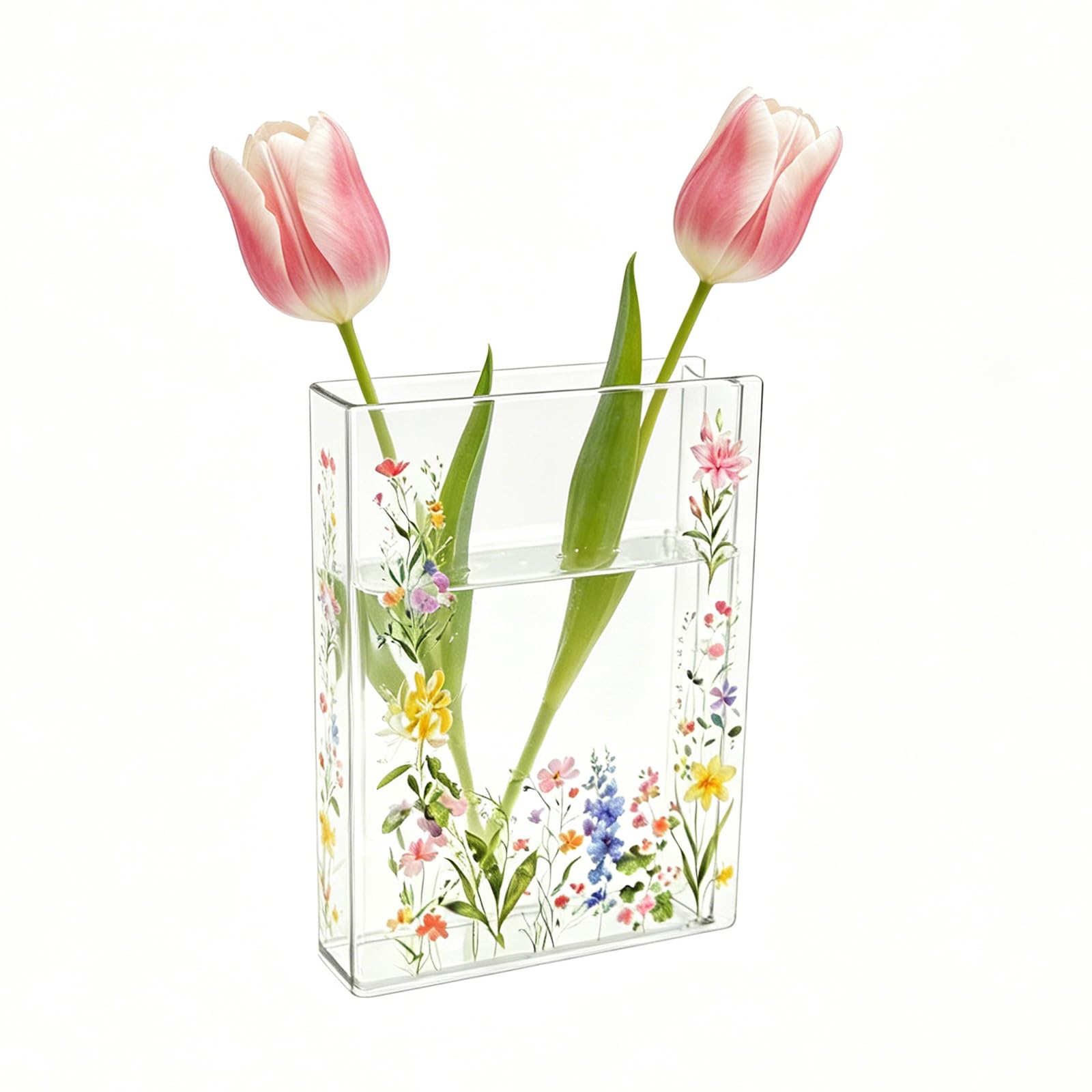 Durdiiy Book Vase+60 Sheets Flower Stickers, Creative Clear Vase for Flowers DIY Acrylic Shaped Vases Tulips Modern Lover Gift Office, Living Room, Bedroom, Bookshelf, Dining Table