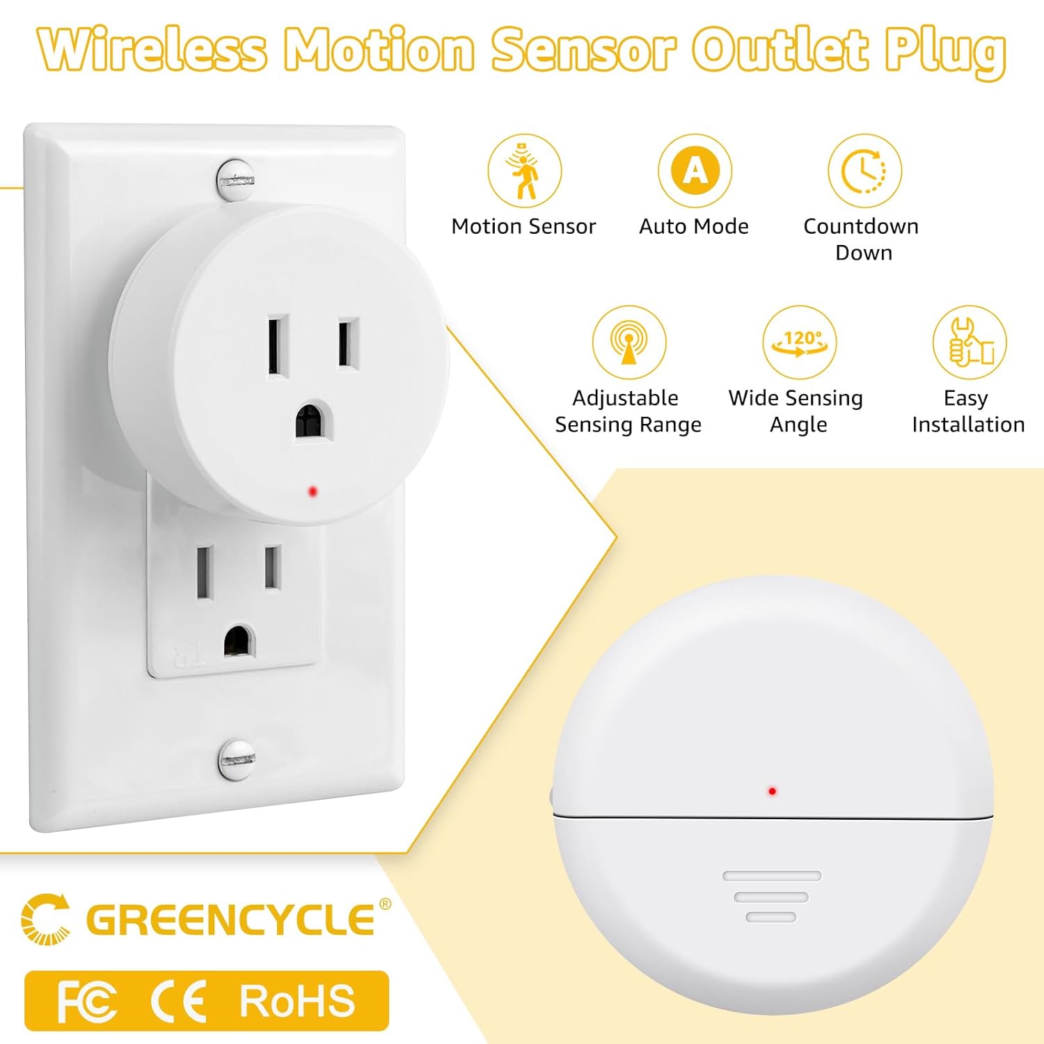 Motion Sensor Plug,Greencycle Wireless Motion Sensor Outlet with Timer Setting,PIR Sensor Plug to Auto Turn On/Off,Adjustable Detection Range,15A/1500W for Christmas Lights,Fans（1 Sensors 2 Plugs）