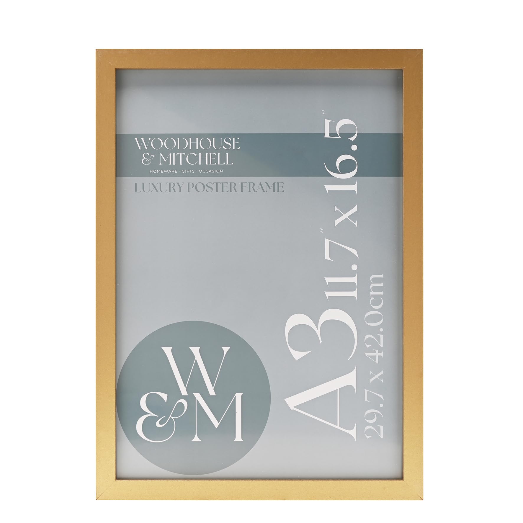 Woodhouse & Mitchell A3 Gold Wood Picture Frame – Photo Poster Frame with Plexiglass Front – Wall Hooks – Portrait & Landscape Display – Multiple Size & Colour Options (Gold, A3-29.7 x 42cm)