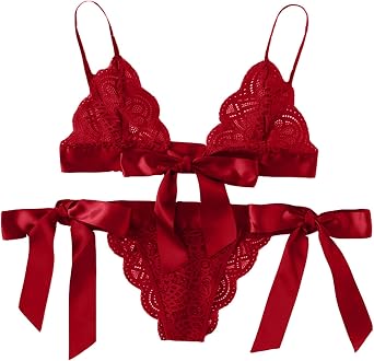 Womens Sexy Lace Lingerie Set Floral Embroidery Wireless Deep V Bras and Thong with Bow 2 Piece Perspective Underwear