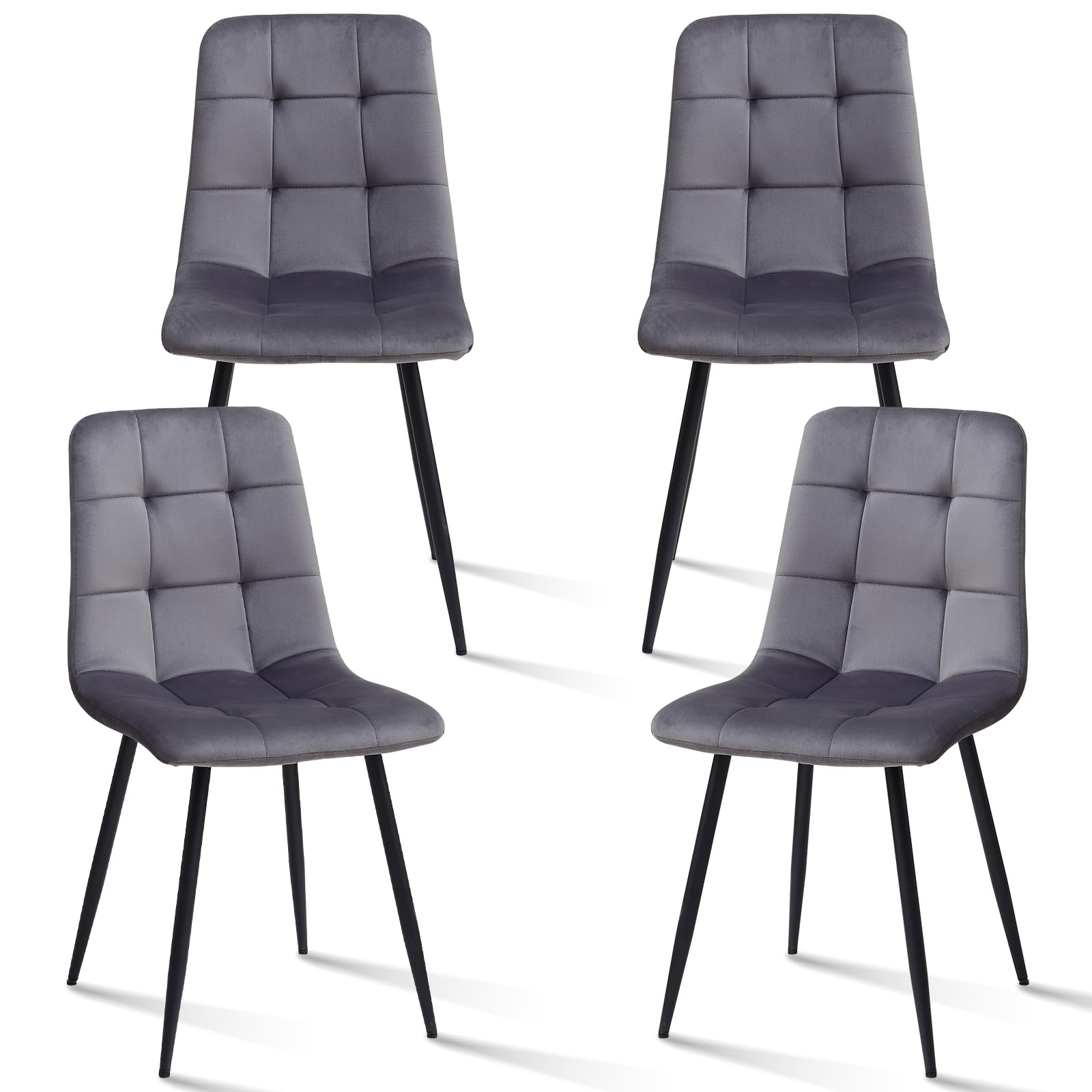Lecafur HL Velvet Dining Chairs Set of 4, Mid Century Modern Upholstered Fabric Kitchen Chairs with Metal Legs Adjustable Pads, Grey