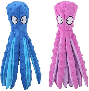 KUTKUT Pack of 2 Dog Squeaky Toys Octopus - No Stuffing Crinkle Plush Dog Toys for Puppy Teething, Durable Interactive Dog Chew Toys for Small to Medium Dogs Training and Reduce Boredom.