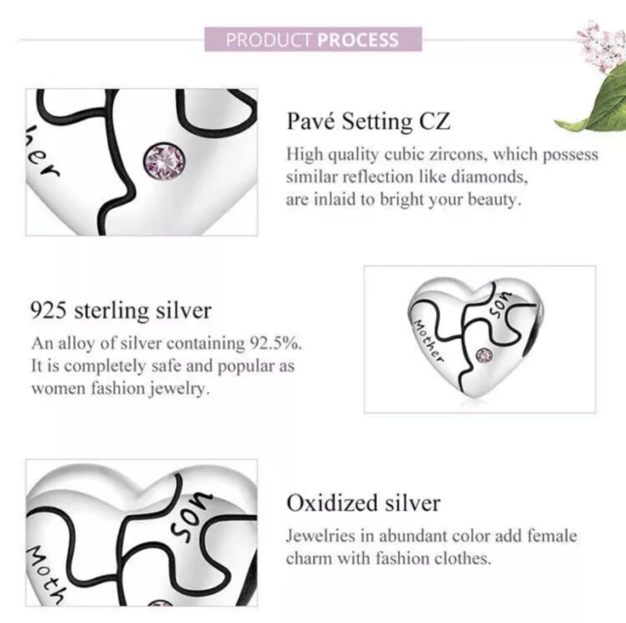 Ciondolo madre figlio perlina puzzle mamma autentico argento sterling 925 compatibile bracciale