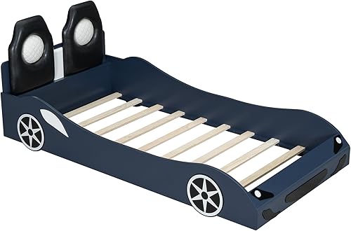 Miniatura 31 de Cama de plataforma clásica en forma de automóvil con ruedas, cama de automóvil de tamaño matrimonial con soporte de listones de madera, marco de
