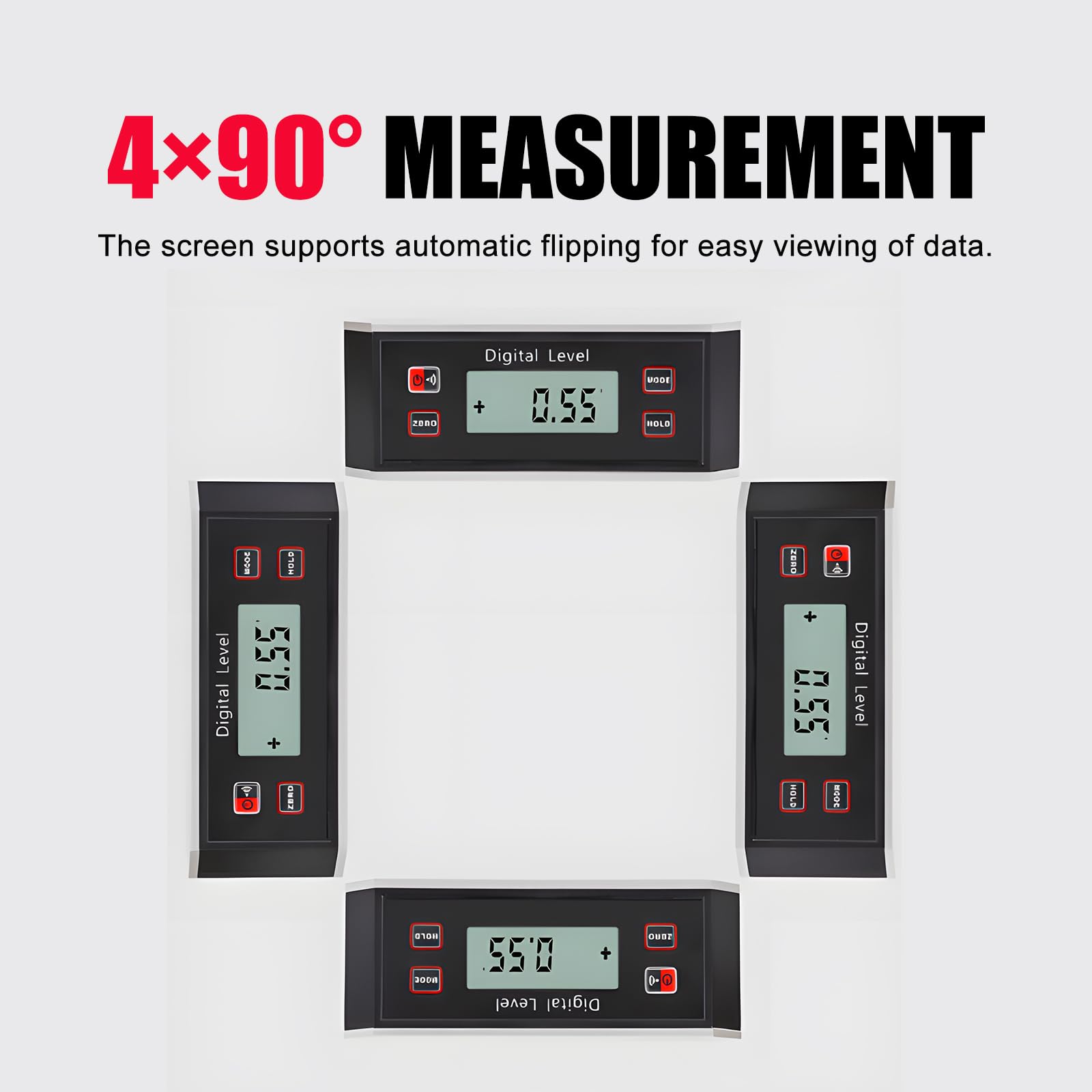 Inclinometro Digital 4x90° con Base Magnética, Nivel Digital IP65 Impermeable, Transportador de Ángulo con 4 Unidades °% mm/m IN/FT, para Carpintería, Construcción