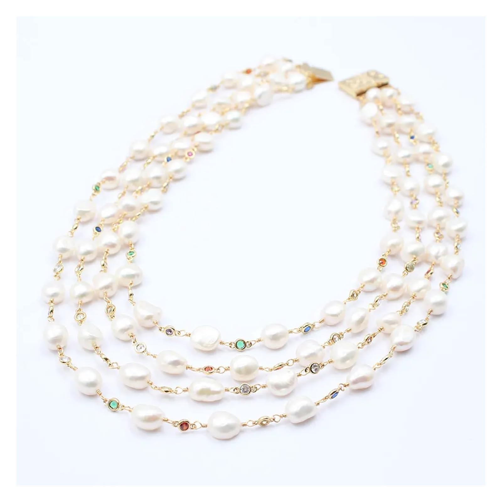 Joyería Collar de cadena de circonita cúbica multicolor con perlas barrocas blancas de agua dulce de 4 hebras de 18.0 in