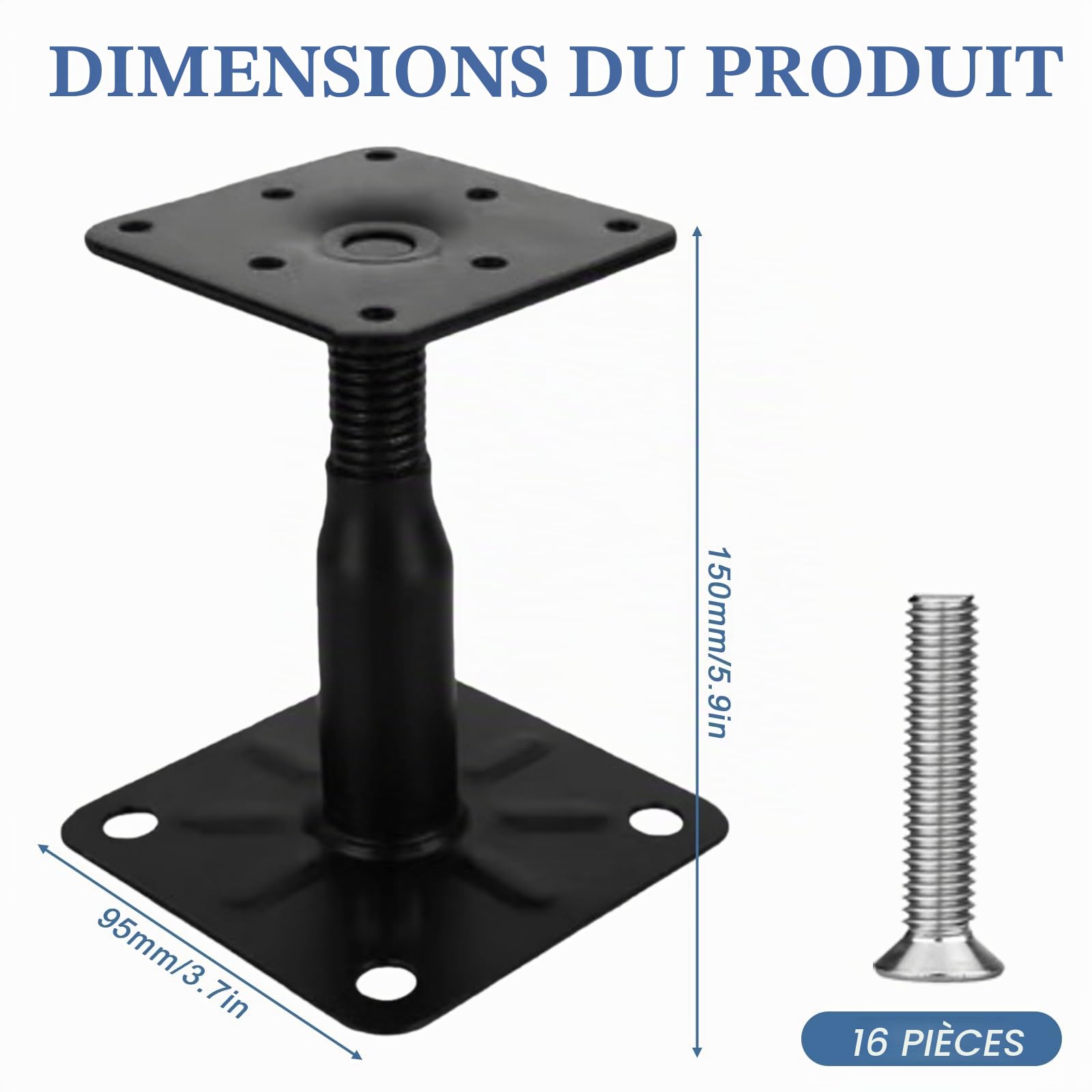 Lot de 4 supports de poteau, 100 à 150 mm, galvanisés, hauteur réglable, avec 16 vis, en acier galvanisé, pied de support pour terrasses, clôtures, abris, pergolas, travaux de construction