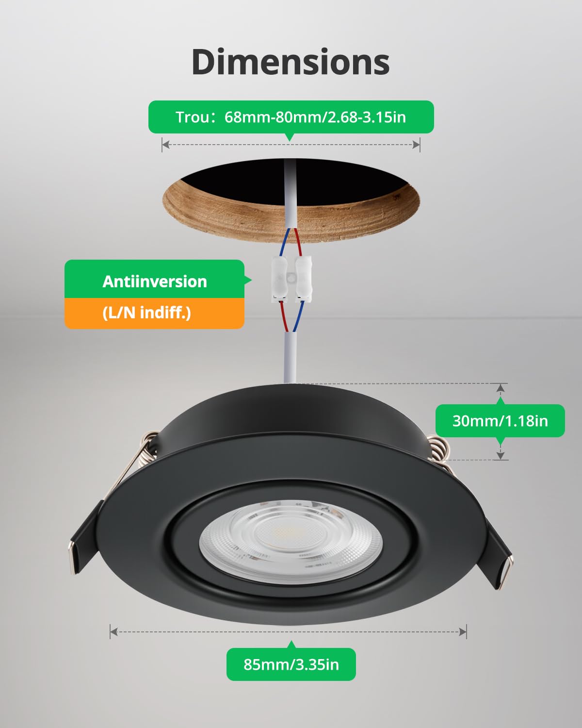 Bojim Spot LED Encastrable Noir Dimmable 220V 7W IP44 Trou 68-80mm Blanc Chaud/Neutre/Froid Lot de 10