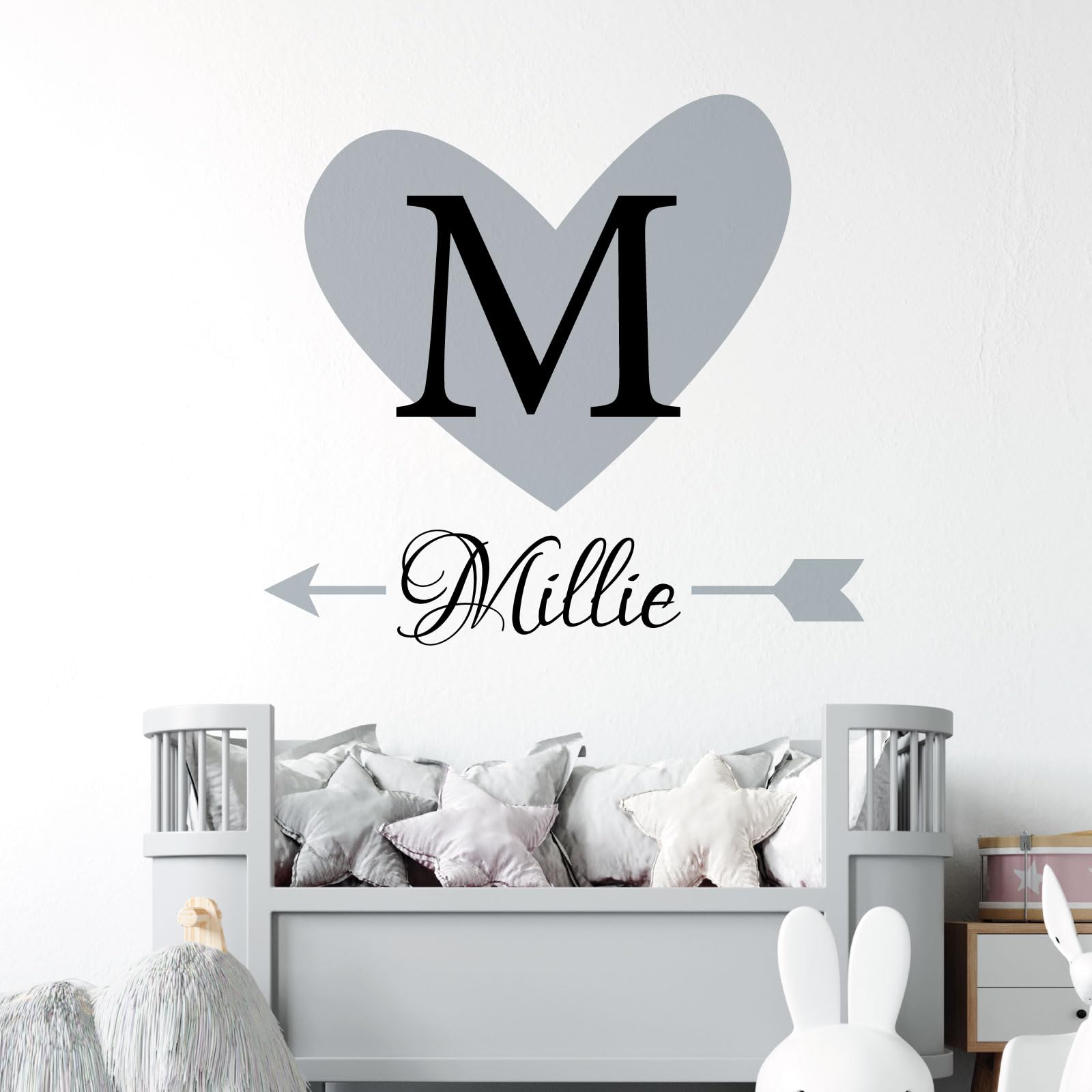 Heart & Arrow - Personalised Name, Initial Letter, Children Nursery Bedroom Decal Wall Sticker [Large] [Silver]