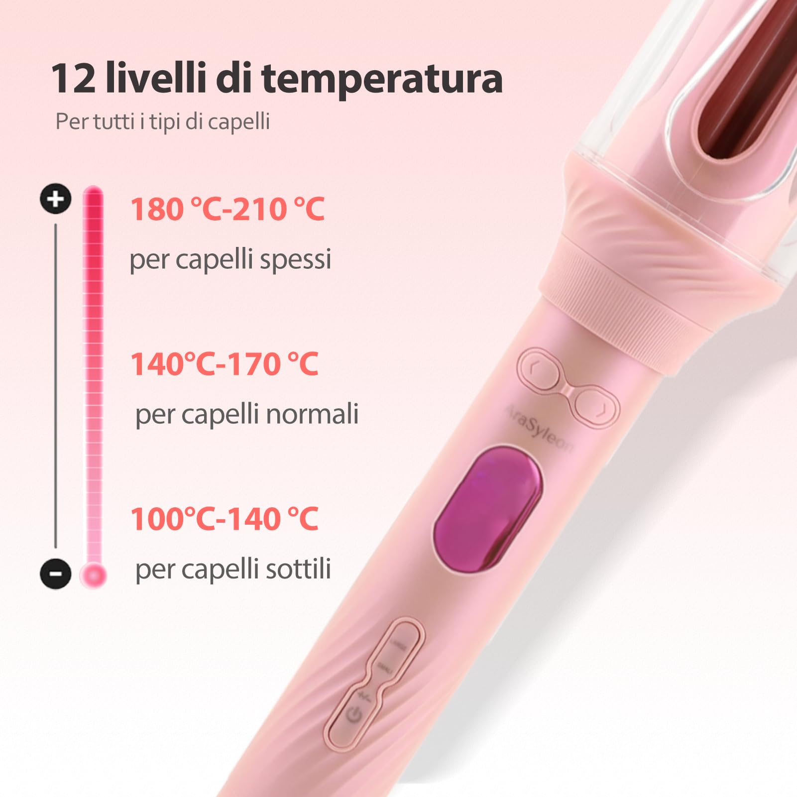 Arricciacapelli Automatico 3 Misure (28/32/40mm), Ceramica alla Turmalina a Ioni Negativi, 12 Temperature Regolabili (100-210°C), Arricciacapelli Automatico per Capelli Lunghi, Rosa
