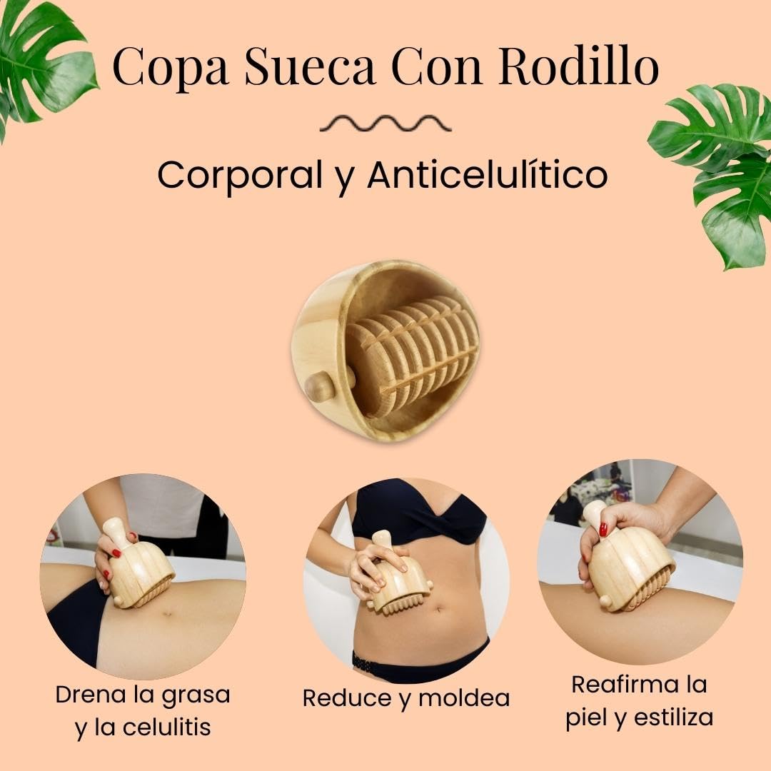 Copa Sueca con Rodillo | Maderoterapia Anticelulitis y Drenante | Copa Sueca y Rodillo para Masajes | Fabricada en Madera de Pino y Loto | Diseñada por Maderoterapia Estética España
