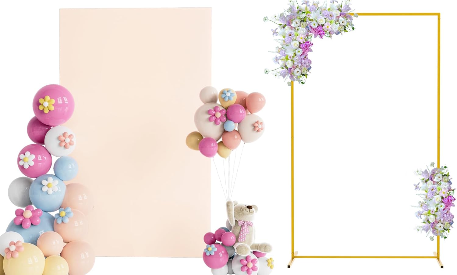 Fomcet 6.6FT x 4FT Gold Metal Square Backdrop Stand and Beige Wedding Arch Cover Spandex Fabric for Birthday Party Baby Shower Anniversary Arch Stand Decoration