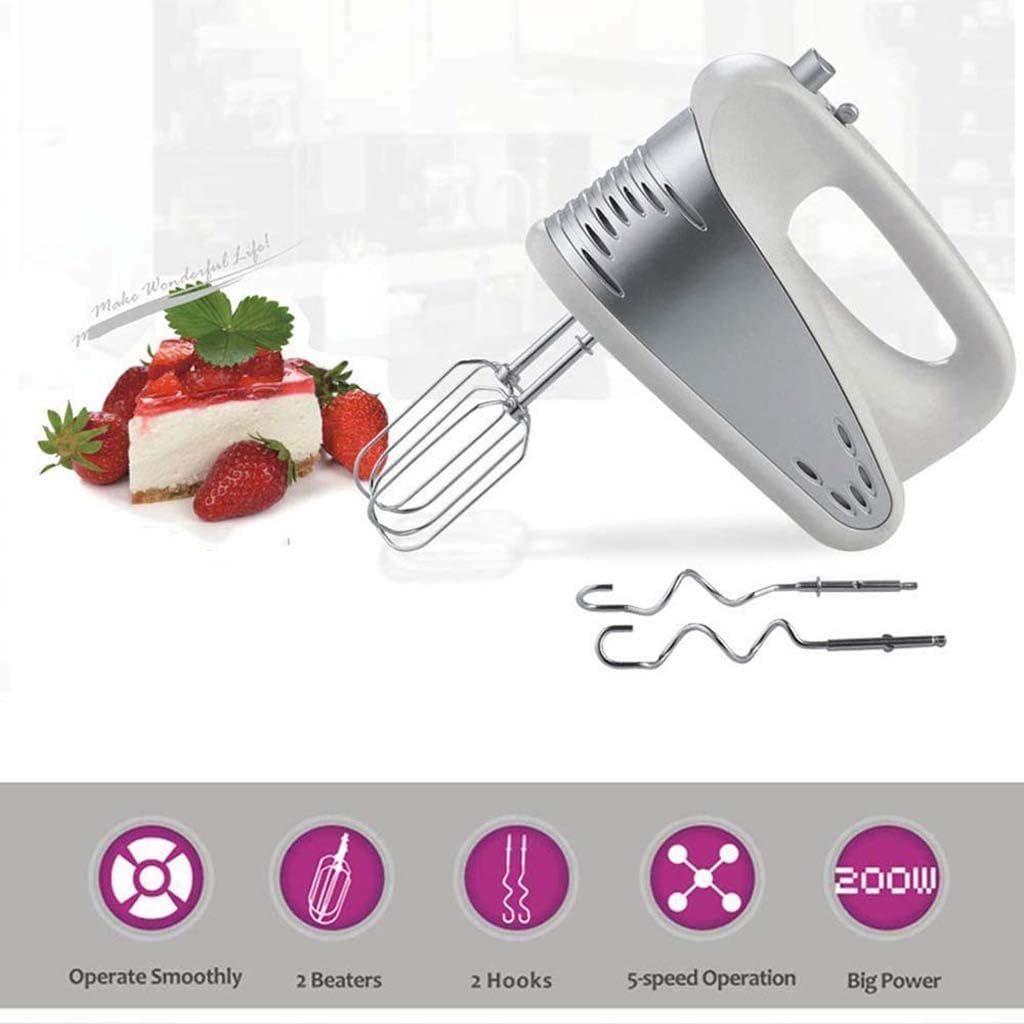 Portable Electric Egg Beater, 200 Watt Multi-Speed Manual Mixer, Easy Eject Button and 5 Accessories (Beater, Dough Hook), Especially Practical