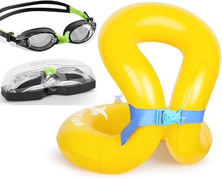 Inflatable Swim Vest & Swim Goggles for Kids,Pool Floaties with Anti-Fog Anti-UV Wide View Goggles for Children 6-14 yrs