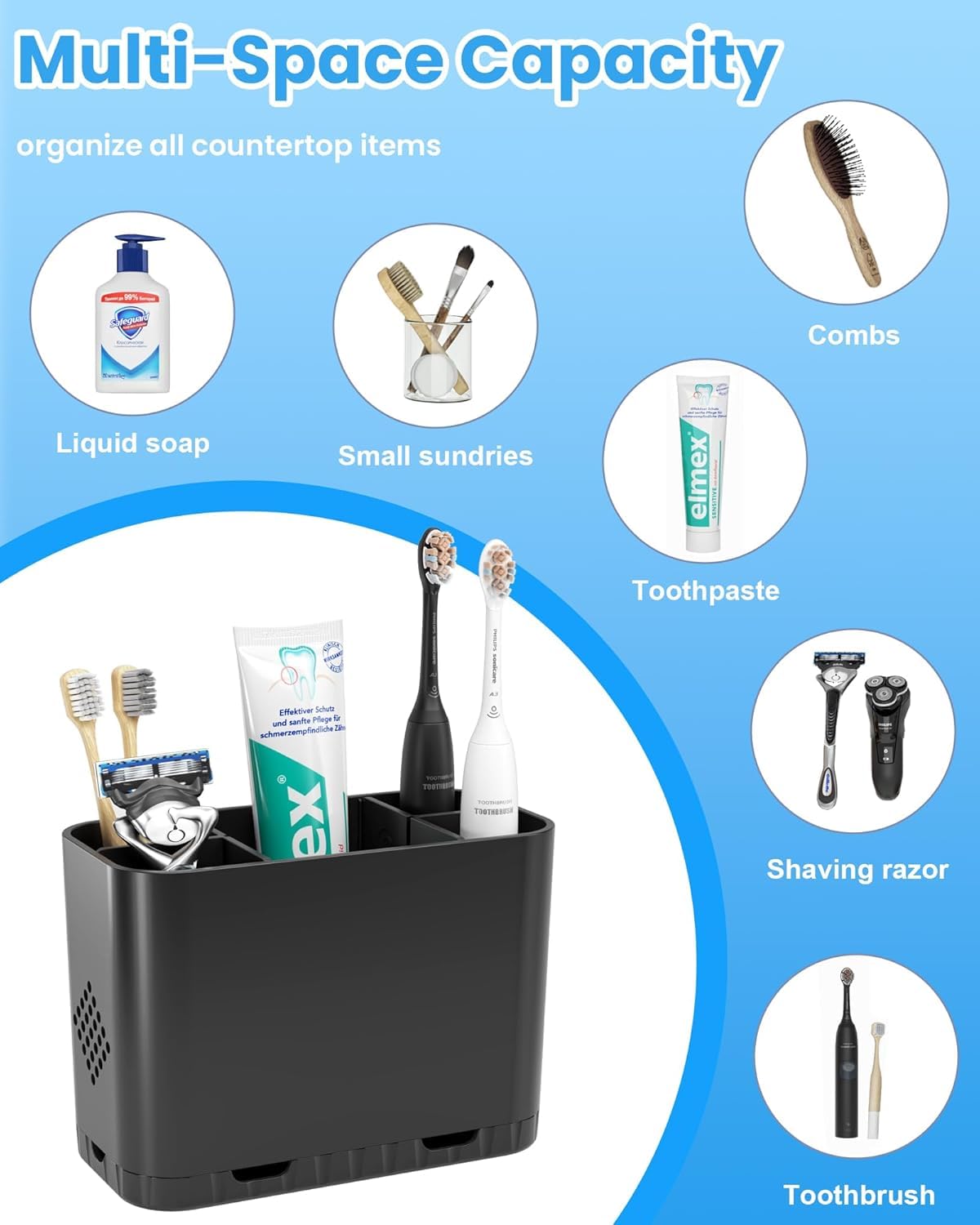 5 Slots Detachable Toothbrush Holder Set - for Bathroom Countertop, Black - Image 9
