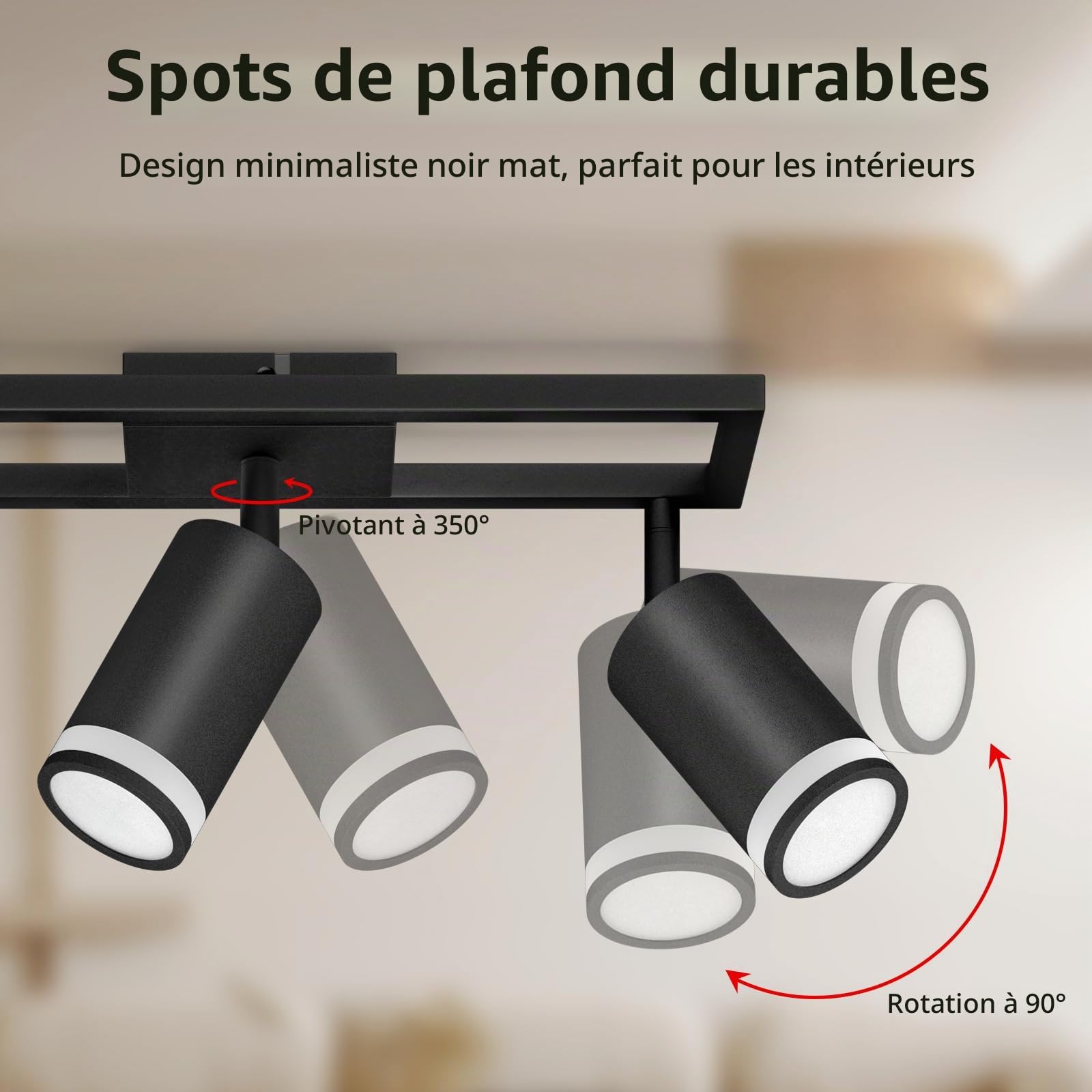 Plafonnier LED 3 Spots GU10 Noir, Base Carrée Ajourée Moderne