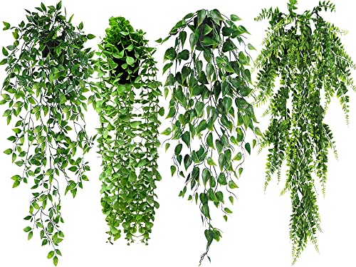 4 Pcs Fake Hanging Plants,Fake Plants Artificial Plants Potted Faux Plants Fern Faux Hanging Plant Ivy For Home Room Office Indoor Outdoor Decor (4 Pots) #TOP6
