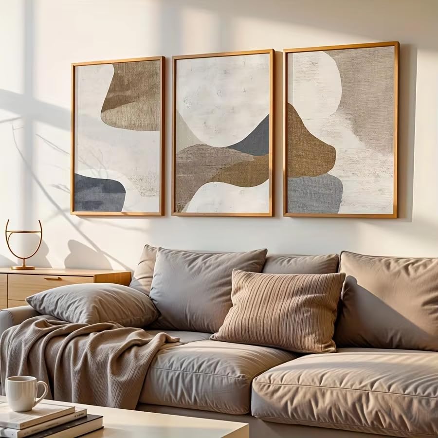 Tableaux abstraits bleu et beige grand format triptyque mural moderne mid-century AEFOUU - 4