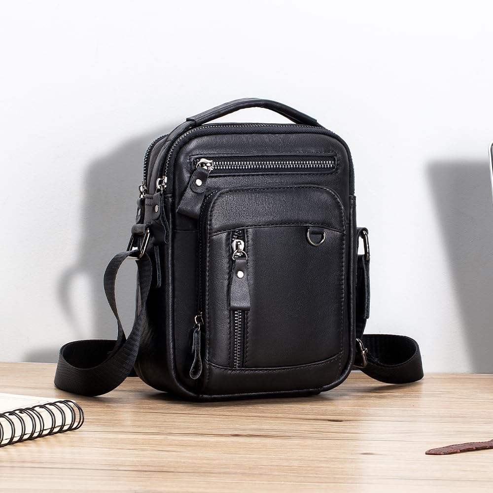 pundarika Bolso de hombro pequeño de cuero genuino para hombre, bolsas de hombre para hombre, bolso cruzado, bolsa de mensajero, correa de hombro ajustable.