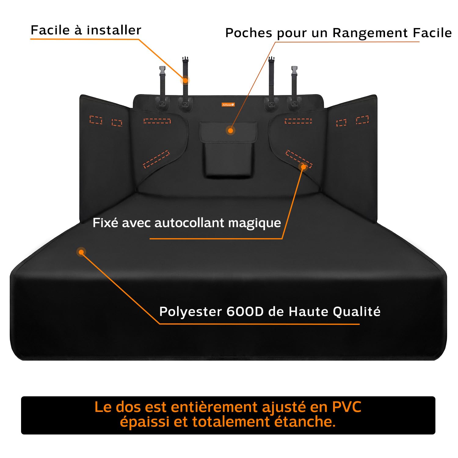 Alfheim Housse Protection de Coffre de Voiture - Couverture de Dossier de siège de Chien - Tapis/Voyage durables/résistants à l'eau/antidérapants - universels pour Camion/Voiture/SUV (Noir)