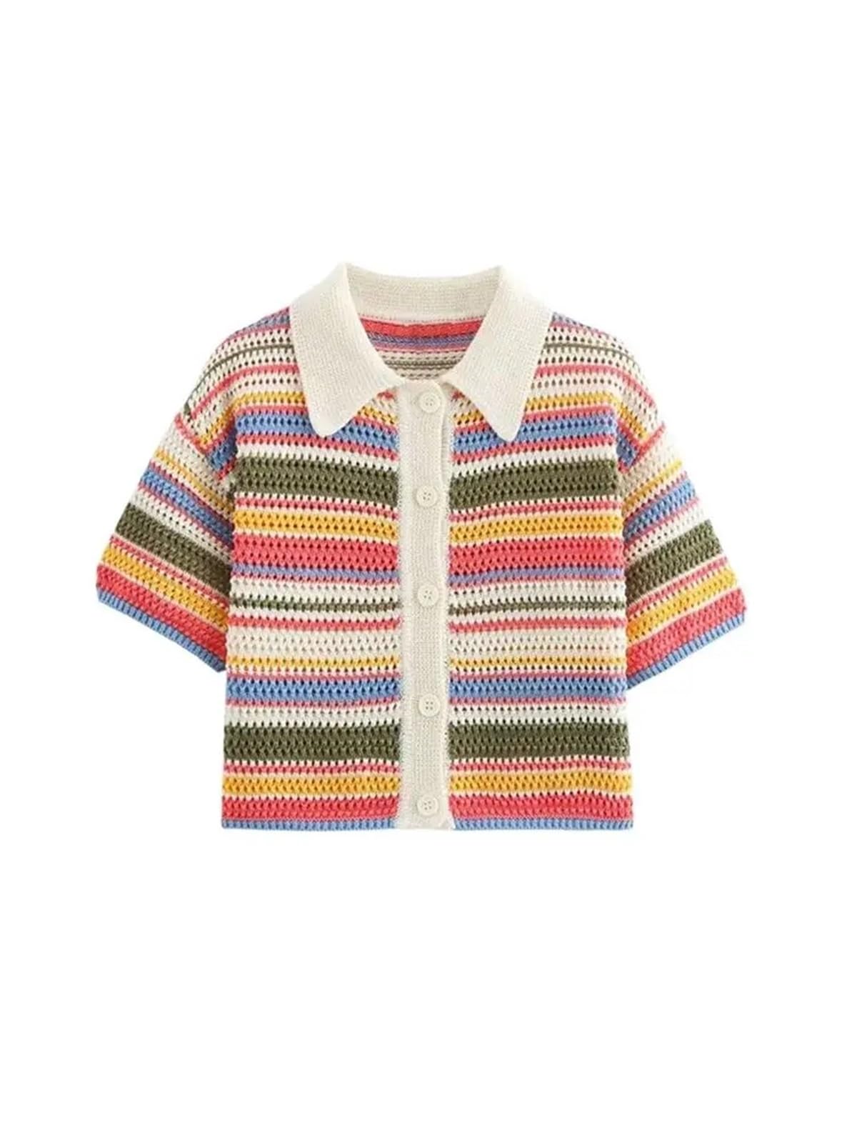 Cardigan Mujer Corta Suéter de Punto Crochet a Rayas, Cuello Polo, Manga Corta, Abotonado, Ropa Abrigo
