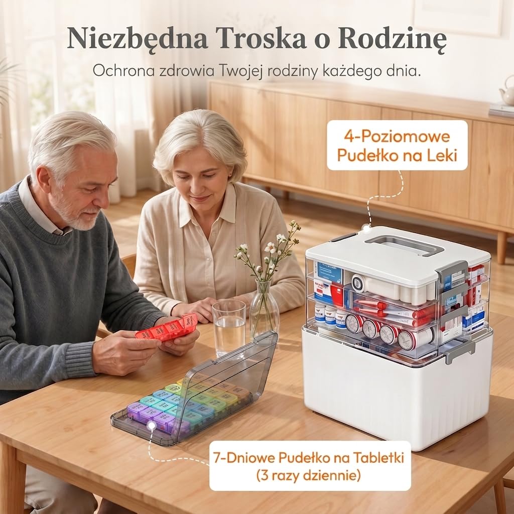 Lifewit Przenośna Apteczka, Pojemnik na Leki z Uchwytem na Butelki o Wysokości do 18 cm, Organizer na Leki do Domu, Biura, Szkoły, 4 Poziomy, Pudełkiem na Leki