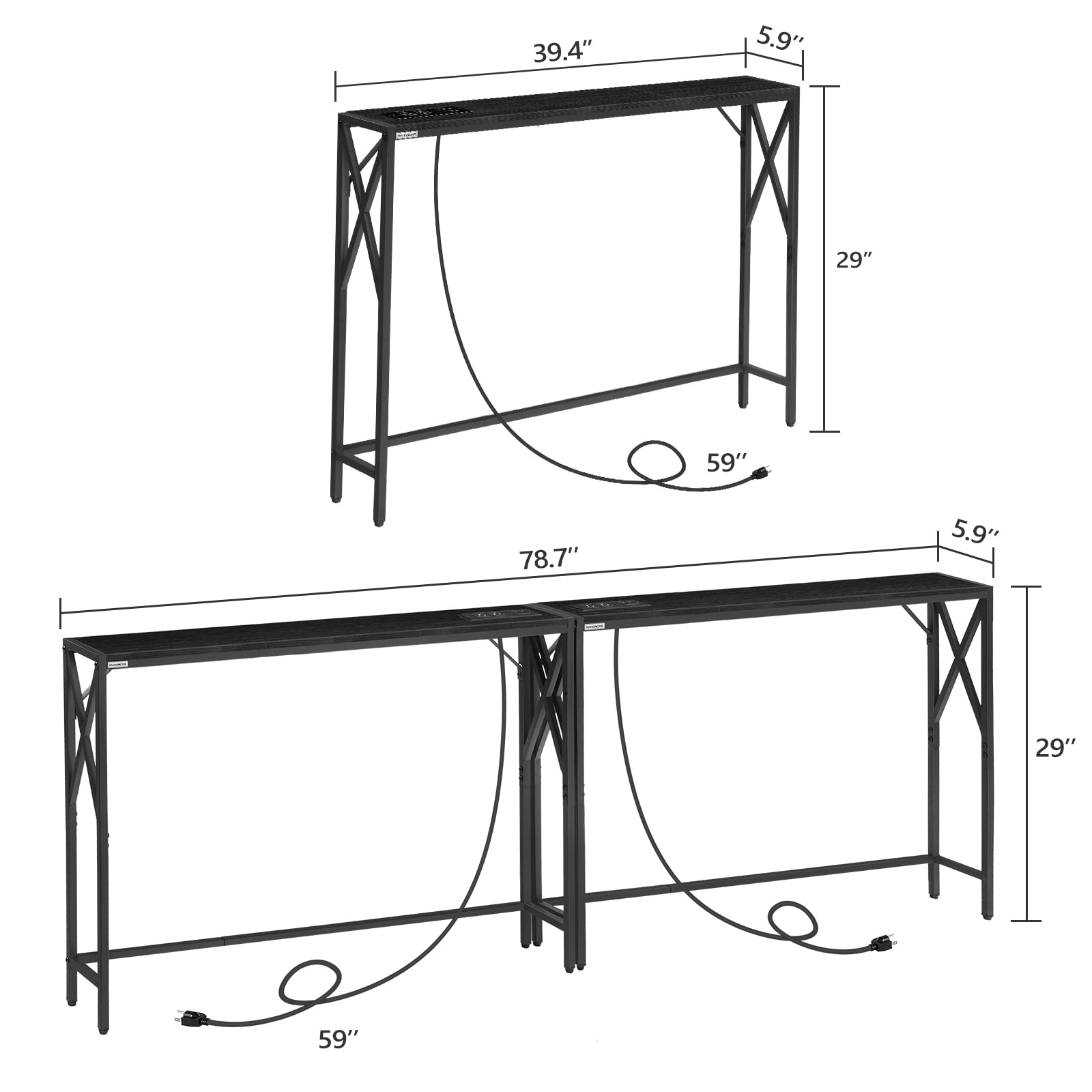 MAHANCRIS 2 Pack Sofa Table with Charging Station, 39.4â€? Console Table, Narrow Entryway Table, Slim Hallway Table, Retro Couch Table, for Entrance, Foyer, Living Room, Hallway, Black CTHB151E01S2