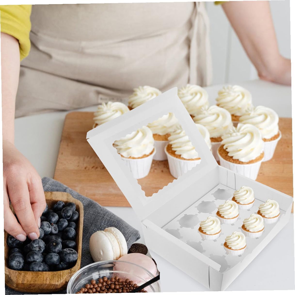 SECFOU 10pcs Paper Bakery Cupcake Boxes with Window White Cardboard Muffin Pastry Packaging for Baked Goods Storage and Transport