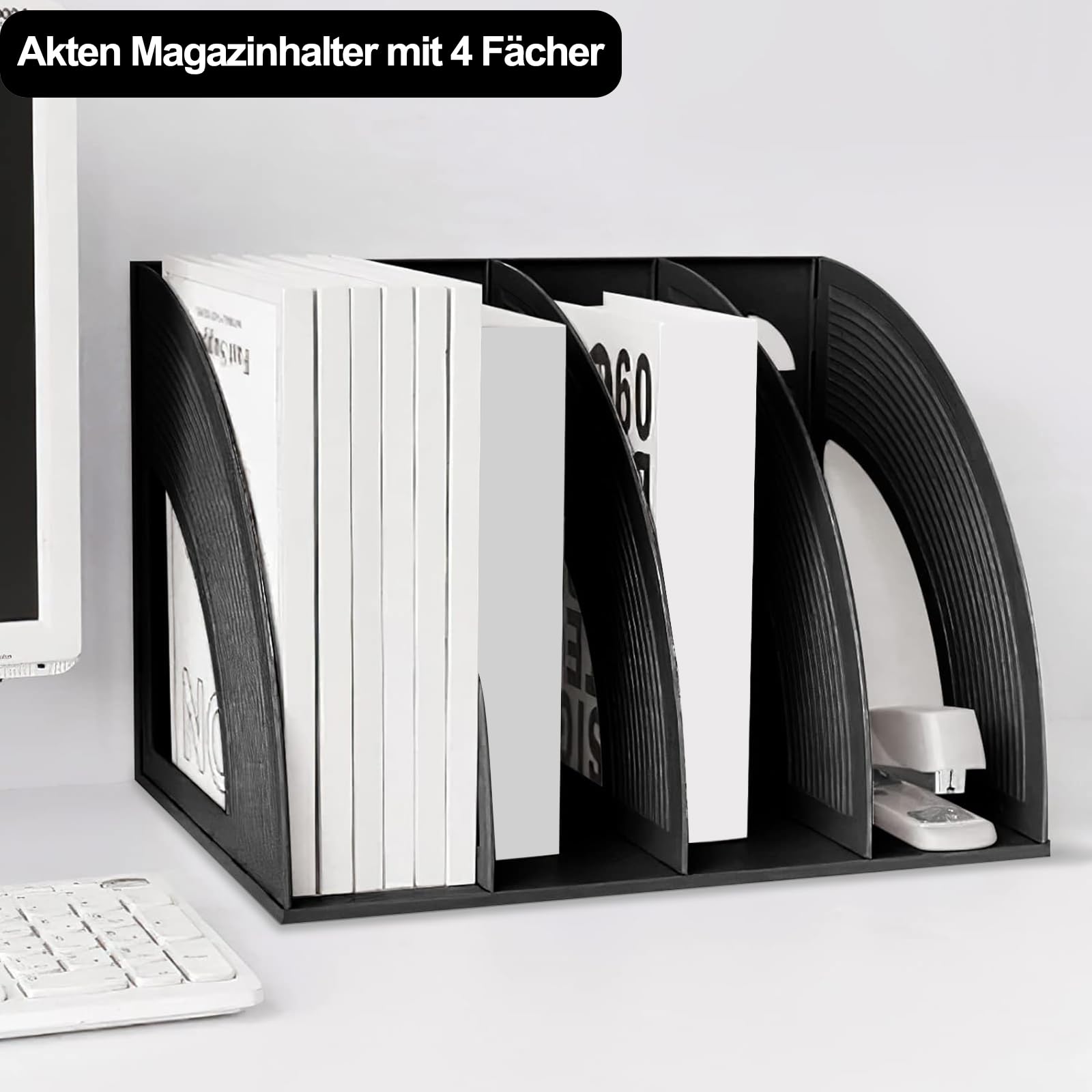 Porte-Revues en Plastique, Porte Revues à 4 Compartiments, Porte-Revues en Plastique, Trieur de Dossiers Verticaux, Organiseur de Bureau, pour Magazine Papier A4 Livre Dossier, Noir