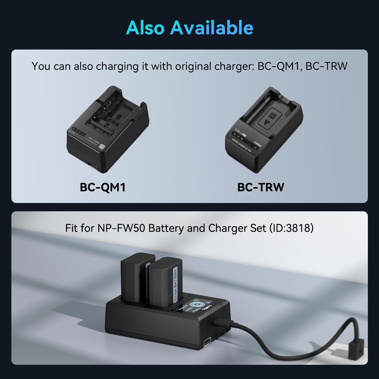 SMALLRIG Batteries de Rechange pour Appareil Photo et Chargeur d'Ecran LCD (Lot de 2), Compatible avec NP-FW50 pour Sony A6000, A6500, A6300, A6400, A7, A7 II, A7R II, A7S II, A7S, A7R - 3818