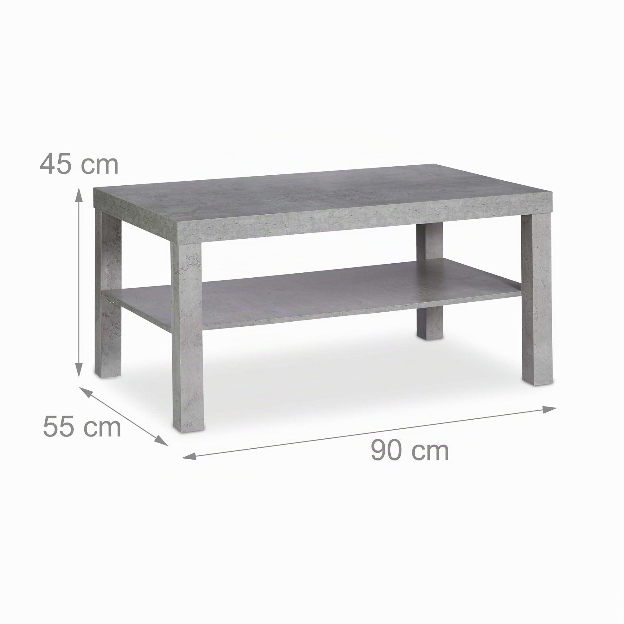 Relaxdays Tavolino da Divano Effetto Cemento, con Ripiano, Tavolo Basso, per Salotto, HxLxP 45 x 90 x 55 cm, Grigio