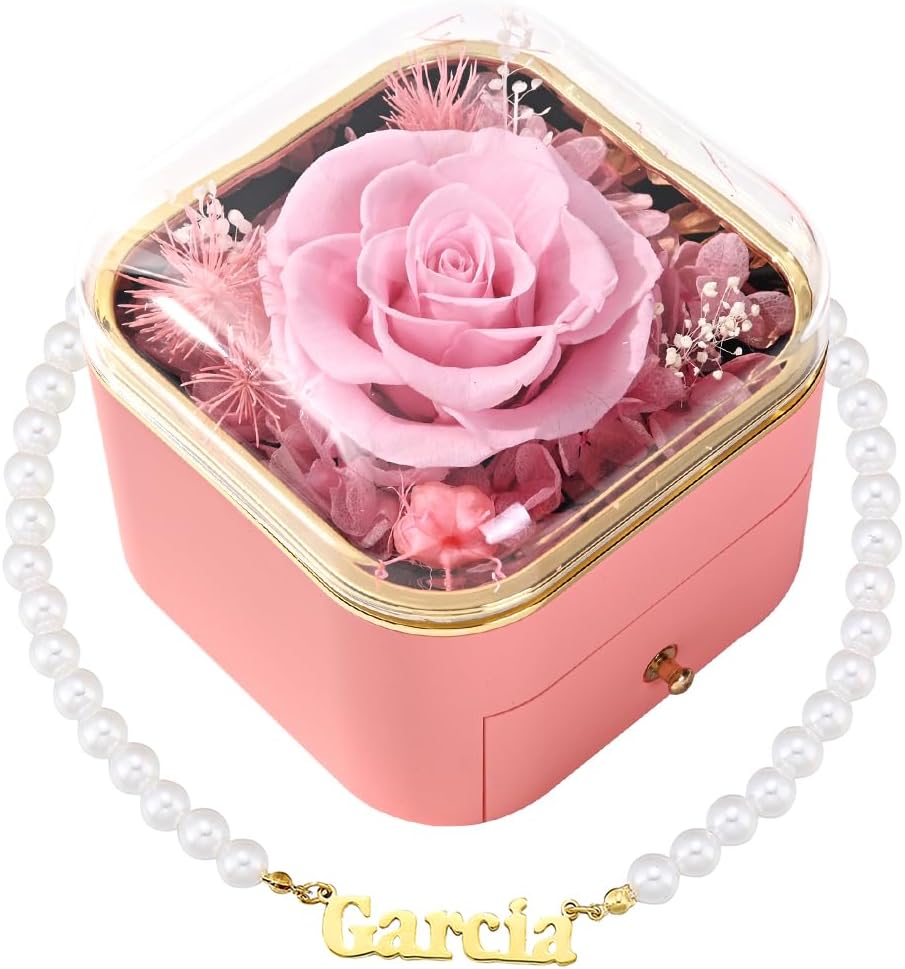 TINGKU Preserved Red Real Roses with Name Necklace for Women, Mom Jewelry Design Preserved Natural Rose in a Box, Eternally Rose Gift Box and Custom Necklace for Mother's day