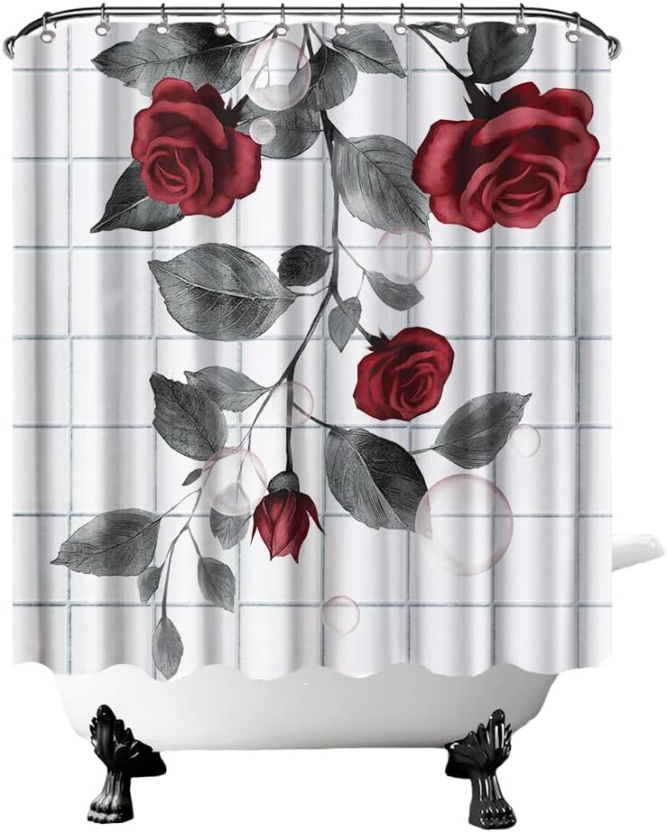FuShvre Red Shower Curtains Rose Bathroom Curtain Set Burgundy Red Flower Bathroom Decor Hooks Included 72"x72"