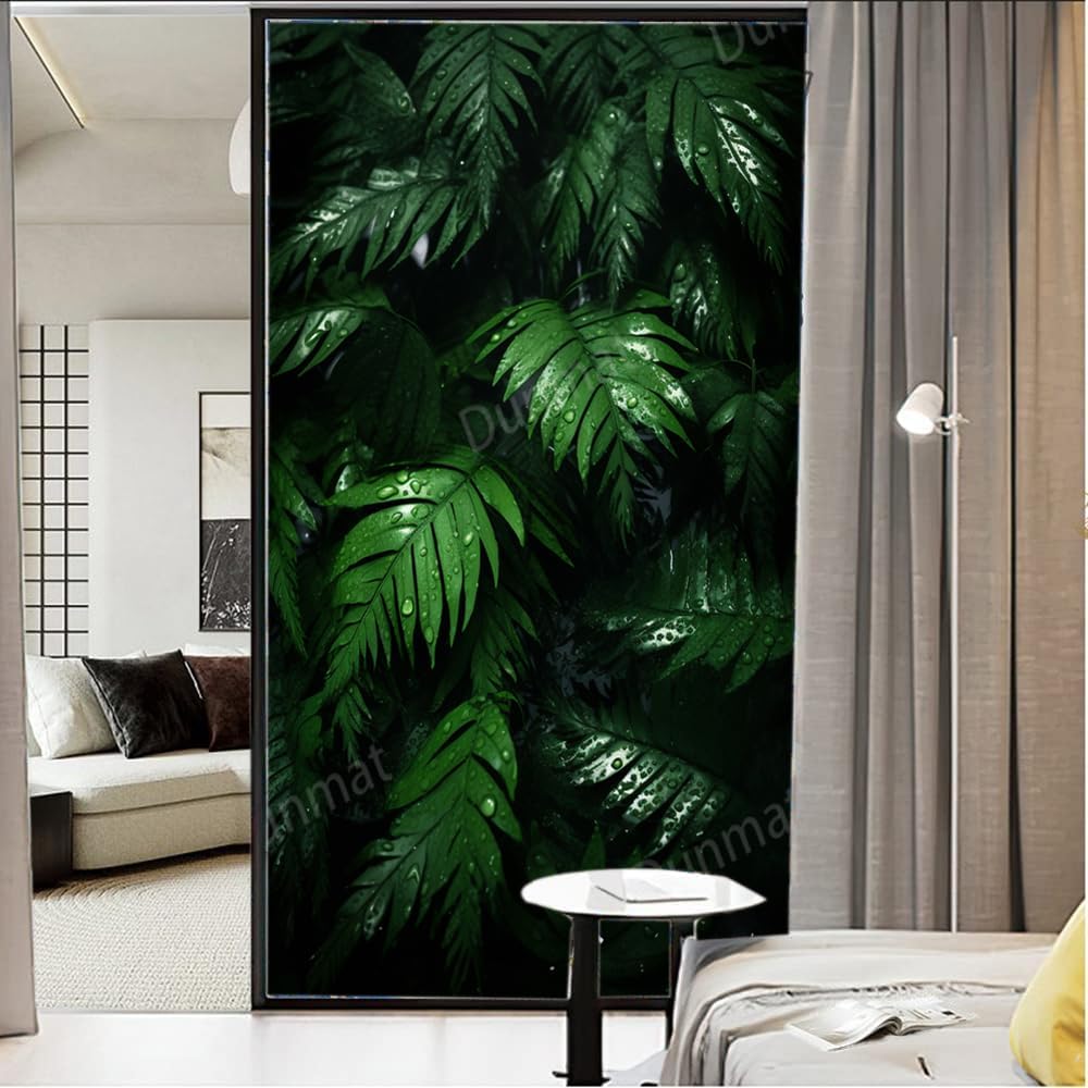 Rustic Fern Leaf Stained Glass Window Film Water Drops Plant Leaves Nature Privacy Window Film Glass Door Covering Self-Adhesive Window Stickers for Bathroom Kitchen 23.6Wx35.4L inch