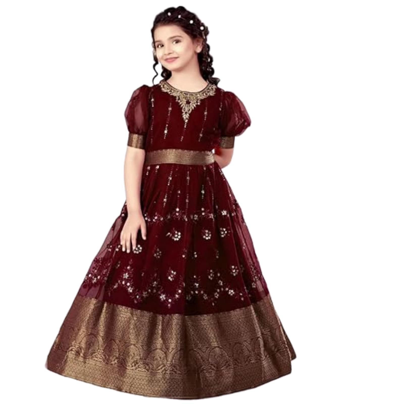 Girls Embroidred Pattu Sattai Gown Dress Festive Party Maxi Dress, Long Length Ethnic Wear Wedding Gown for Girls, Birthday Dress for Girls