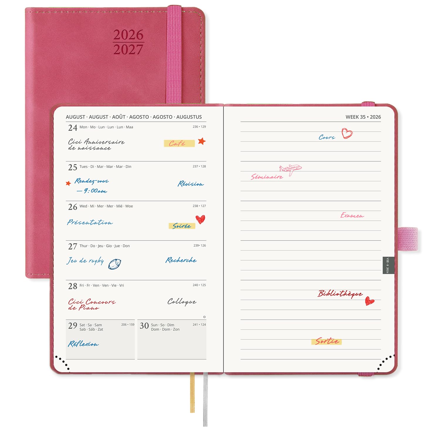 POPRUN Agenda De poche 2026 2027 A6 Semainier 16 x 10,5 cm Couverture Souple PU Cuir Papier 80g/m² Magenta