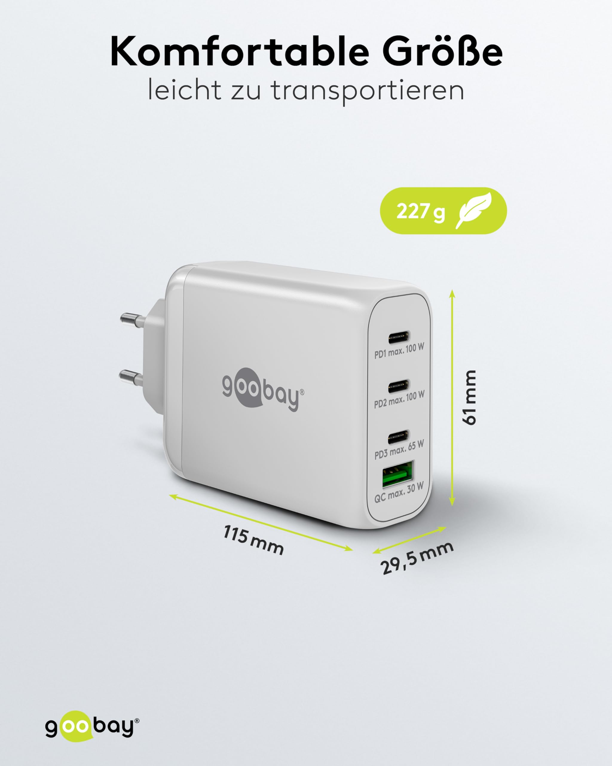 goobay 65556 Multiport Power Delivery USB C 100 W Caricabatterie/Alimentatore compatto ultra veloce per 4 dispositivi/Quick Charge USB/Bianco