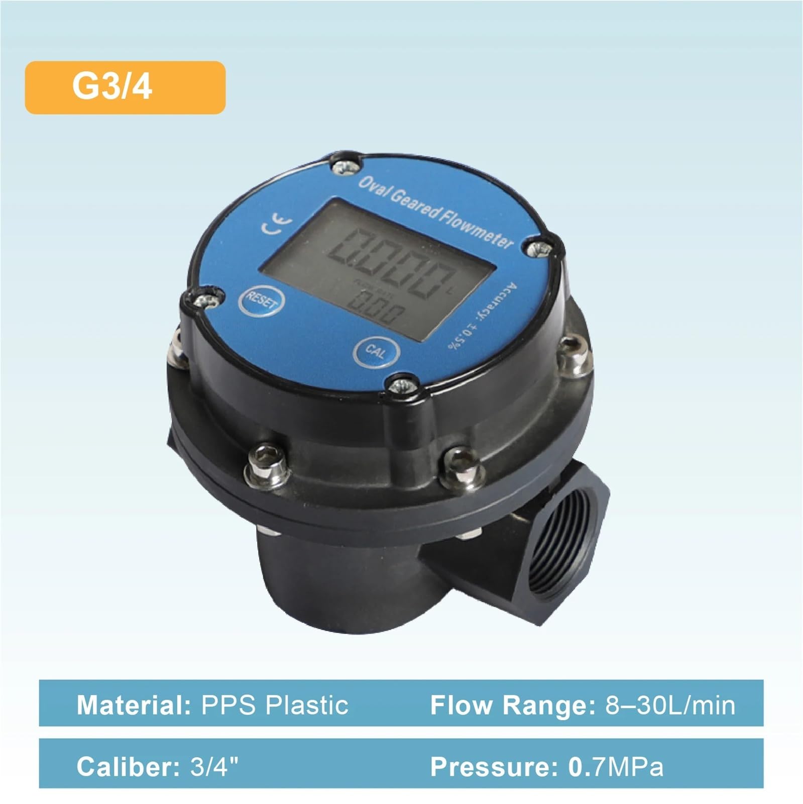 Caudalímetro, Medidor de flujo engranaje ovalado Digital con pantalla LCD for aceite parafina y metanol, rosca 3/4 pulgadas, plástico PPS, 8-30 L/min