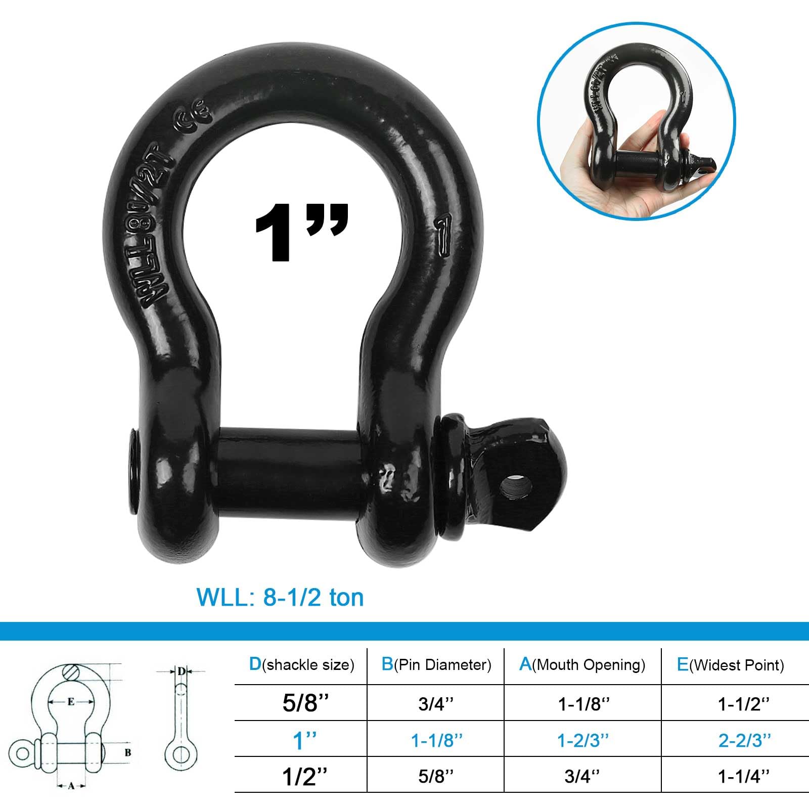 Grillo ad Anello a D da 1", Grilli ad Arco in Acciaio forgiato Resistente, Perno a Vite da 1-1/8", Limite di carico di Lavoro da 8,5 tonnellate, Uso per rimorchio, sartiame, Recupero, trazione