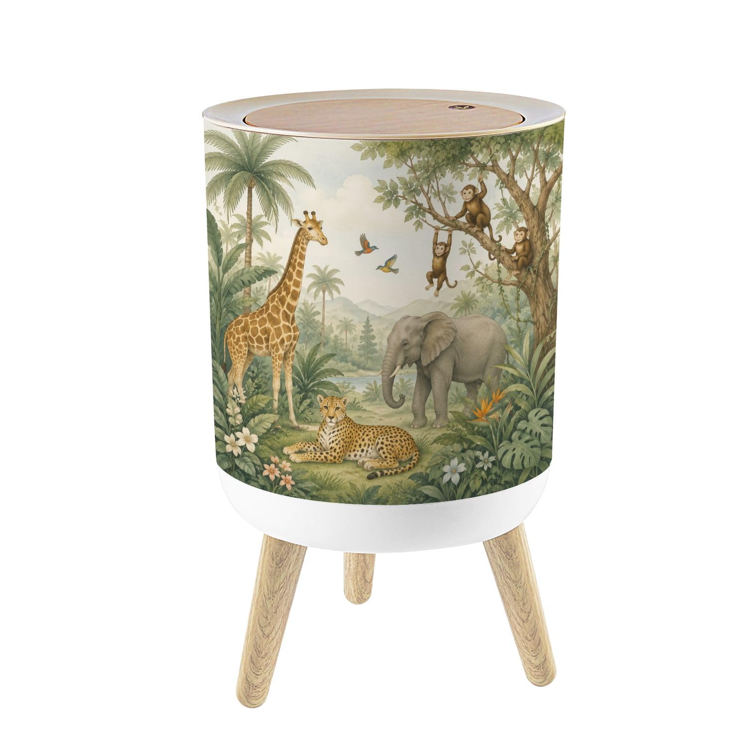 Small Trash Can with Lid Kids Jungle Animals Nursery Tropical Animals Baby Wall Art 1.8 Gallon/7L Garbage Can Waste Bin with Press Top Lid Legs Waste Basket for Bathroom Kitchen Bedroom