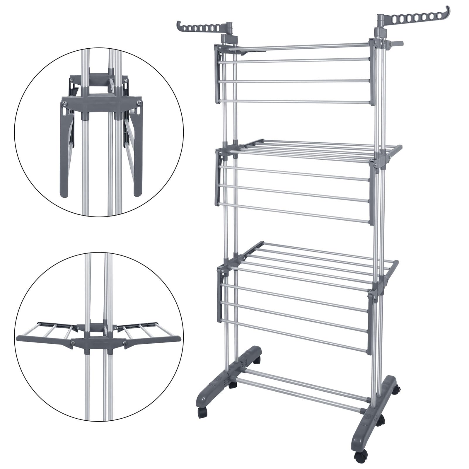 Stendibiancheria a torre pieghevole in acciaio inox, con 6 rotoli di ali, a torre da 75 x 64 x 170 cm (grigio)
