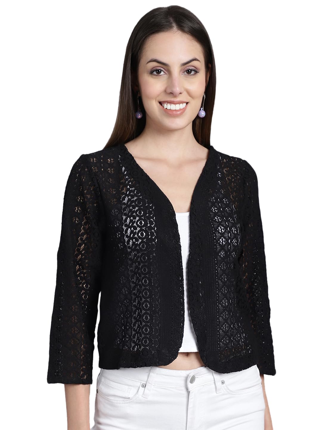 fineme Women Fashion Front Open Self Designed 3/4th Sleeves Lace Shrug (Black, L)-picture-29