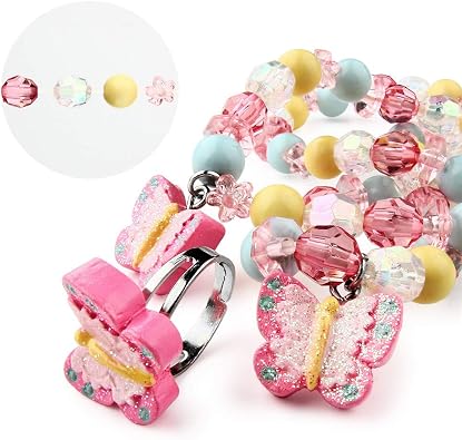 Msnailfly Butterfly Stretch Necklace Little Girl Toddler Necklace Bracelet Set, Little Princess Jewelry Kids Play Necklaces Butterfly Rings for Kids
