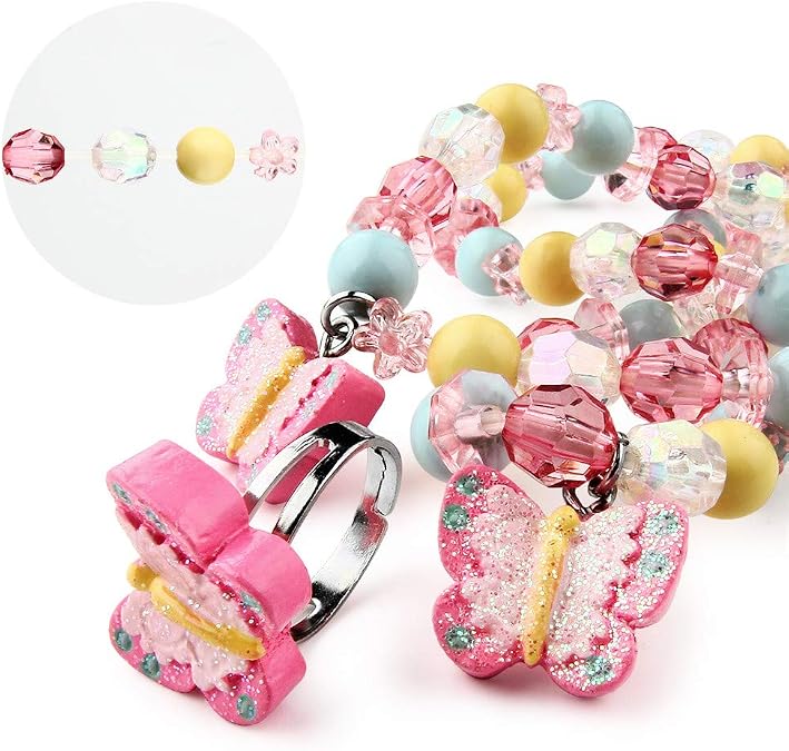 Msnailfly Butterfly Stretch Necklace Little Girl Toddler Necklace Bracelet Set, Little Princess Jewelry Kids Play Necklaces Butterfly Rings for Kids